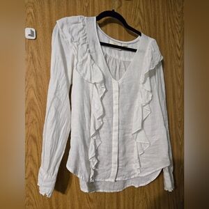 Anthropologie Linen Ruffle Shirt